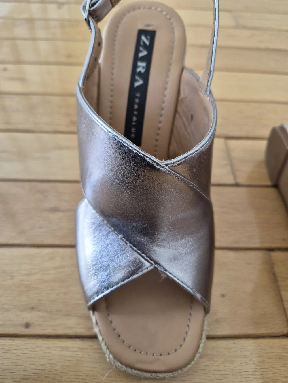 Zara TRF Metallic Silver Espadrille Wedge 37 Sandals Slingback Platform Mrtallic - Picture 8 of 15